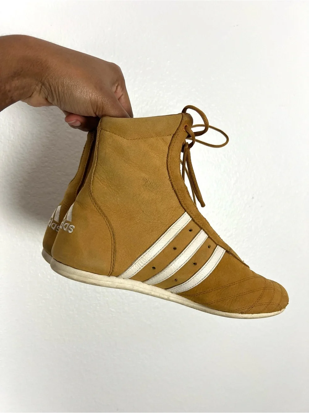 adidas Prajna Tan High-Top Lace-Up Sneakers with White Stripes Boxing Style